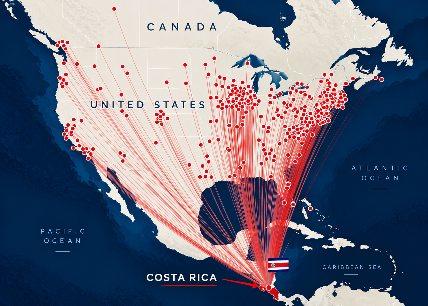 Map of North America showing the cities teams have traveled from